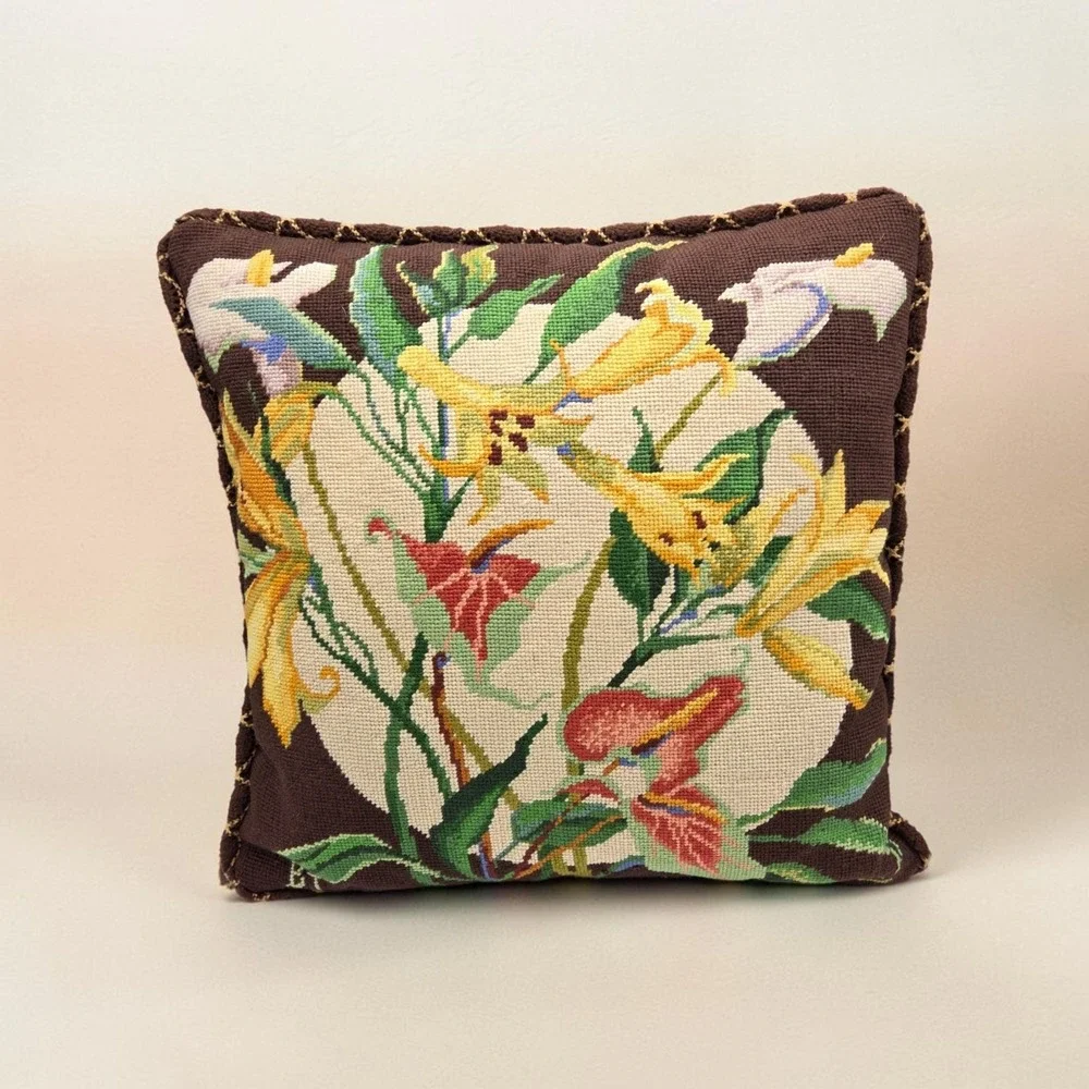 Vintage Needlepoint Brown Lilly Floral Throw Pillow Grandmacore Cottagecore